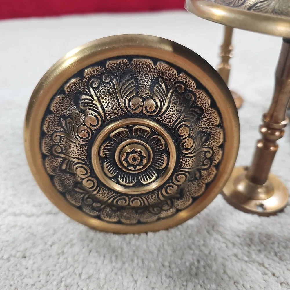 Mid Century Solid Brass Curtain Tiebacks Rope Medallion Floral Round Set 4 Vtg